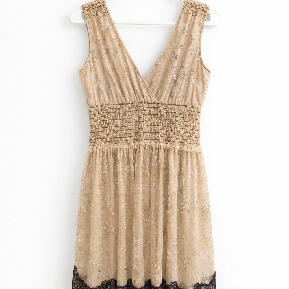 PINKY, Champagne Midi Dress with Lace Trim.